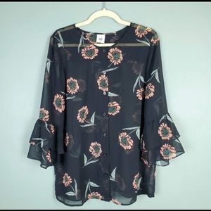 Cabi La Di Da Sheer Black Floral Blouse Medium